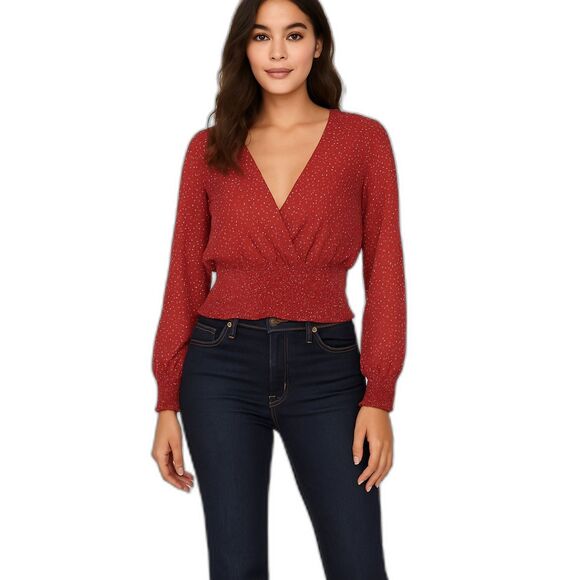 Meraki smocked WAIST V NECK RED blouse - Picture 1 of 7